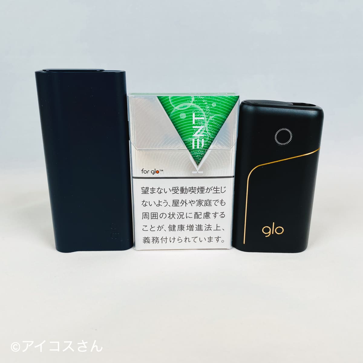 从左至右依次为“glo Pro Slim”、专用烟草棒“KENT”、“glo Pro”。