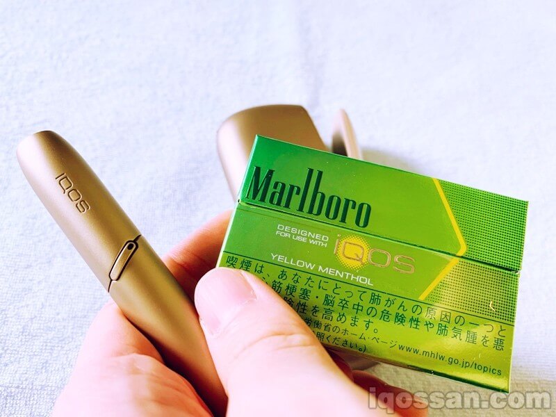 IQOS主机与加热烟弹。本次为黄色薄荷口味