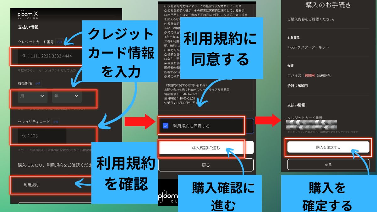 输入您的信用卡信息,并查看购买PloomX试用的条款和条件。