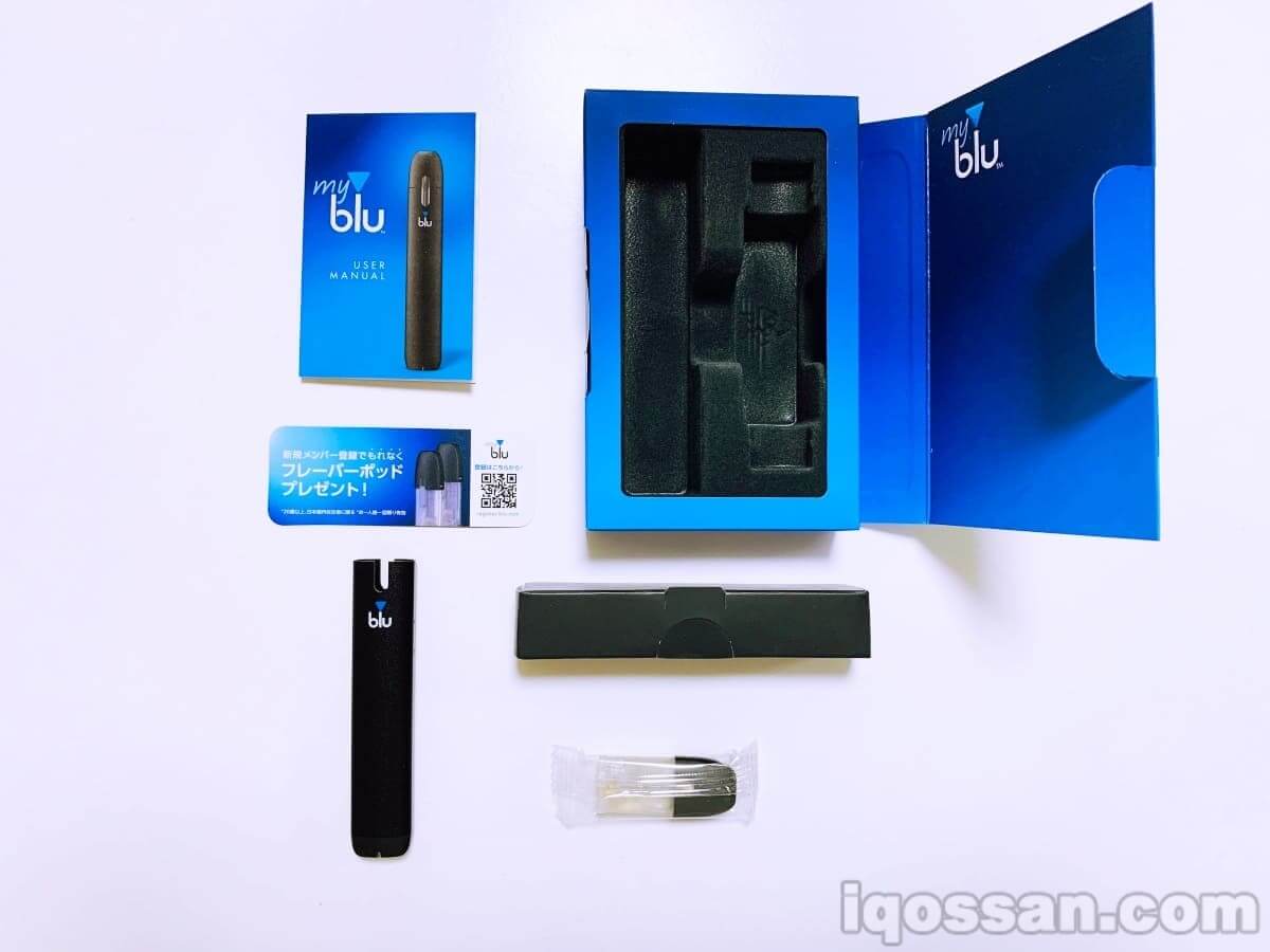 电子烟“myblu(マイブルー)”入门套装的内容物
