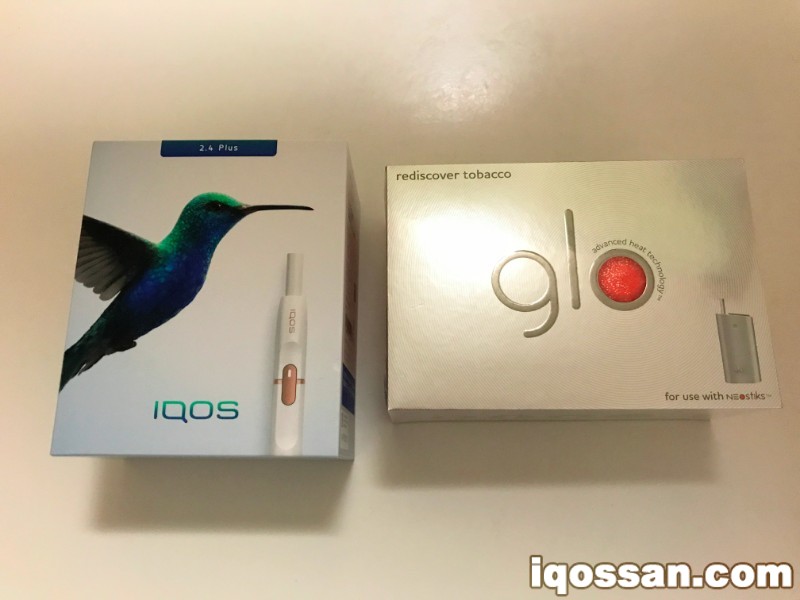 左侧为新型IQOS的包装盒,右侧为glo的包装盒