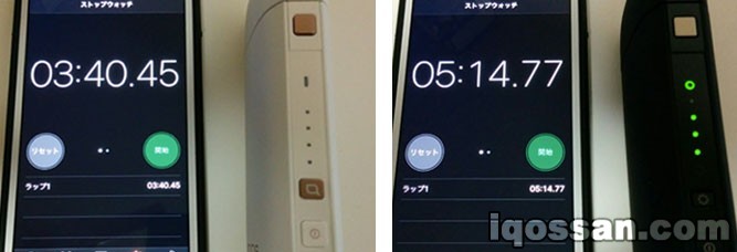 IQOS充电时间对比。左侧为新型IQOS，右侧为旧款IQOS的充电时间
