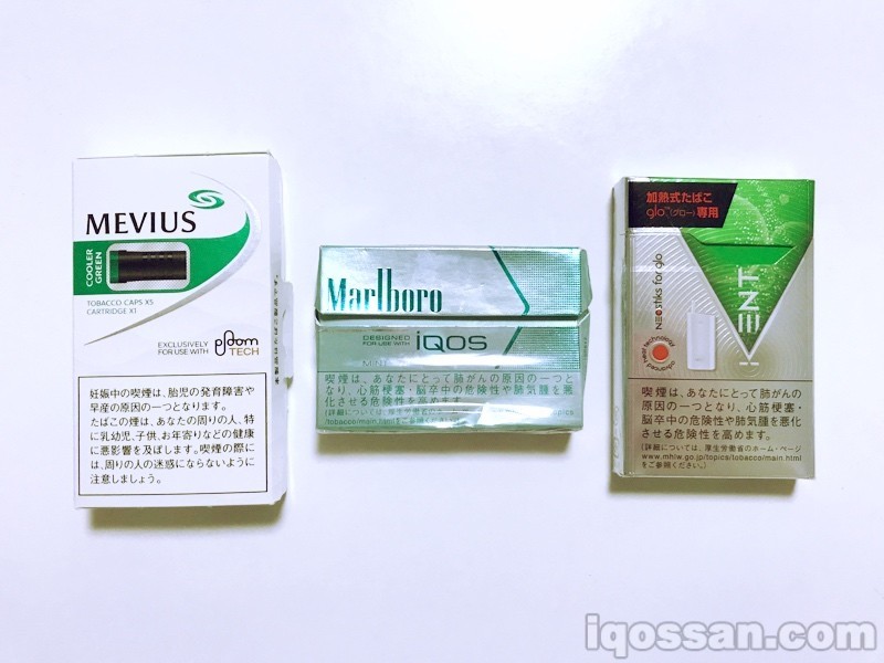 加热式烟草各口味。从左至右依次为Ploom TECH、IQOS、glo