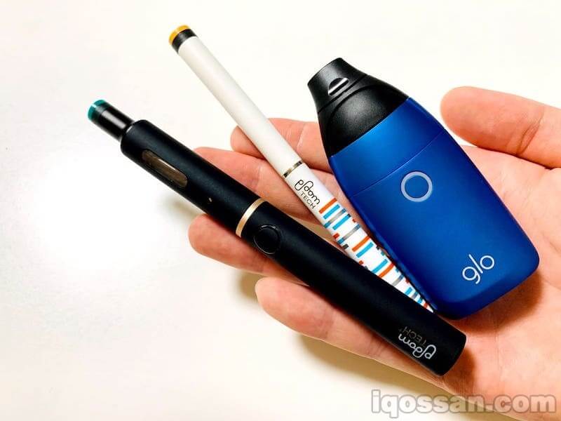 3种低温加热式烟草的图片,从左到右依次为Ploom TECH Plus、Ploom TECH、glo sens