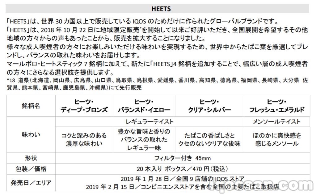 IQOS・HEETS首次登场时的新闻稿